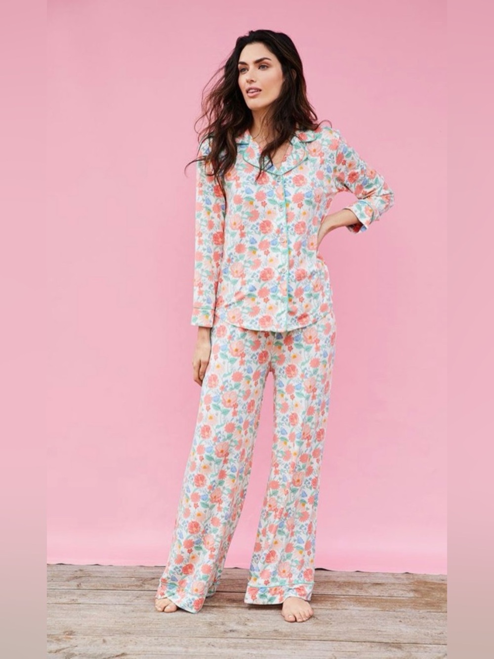 Matilda Jane Pastel Floral Button-Up PJ Set in Coral, Mint & Blue - Picture 8 of 13